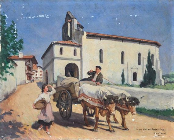 Char à bœufs devant l'église de Bidart, environs de Biarritz, Pays Basque by Jean Joseph Léon Fauret