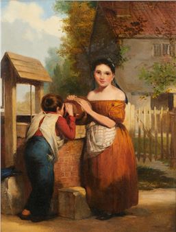 1802 Gent - 1875 St.Josse-ten-Noode - Zwei Kinder am Brunnen - Öl/Lwd. Doubl. 45 x 34 cm. 62 x 53 cm (Maß mit Rahmen). Zierrahmen. Etwas rest. - Charles Venneman