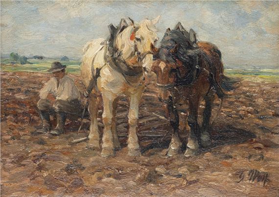 1882 Niederhausbergen/Elsaß - 1962 Uelzen - Rastender Bauer mit Gespann - Öl/Karton. 14 by Georg Wolf, 1882