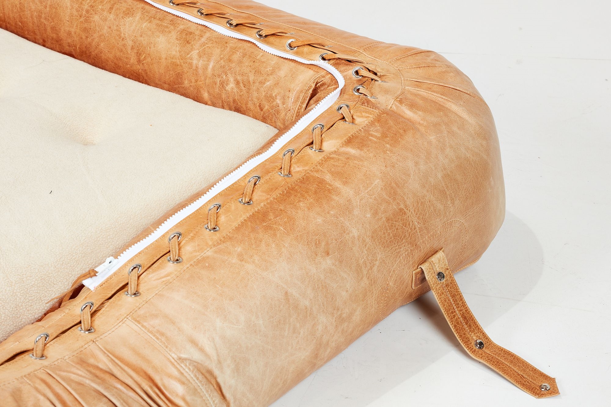 Artwork by Alessandro Becchi, Anfibio' convertible sofa, Made of Leather, foam, chrome-plated metal