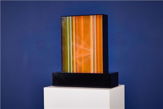 A Fireworks Orange' abstract illuminated sculpture with pedestal