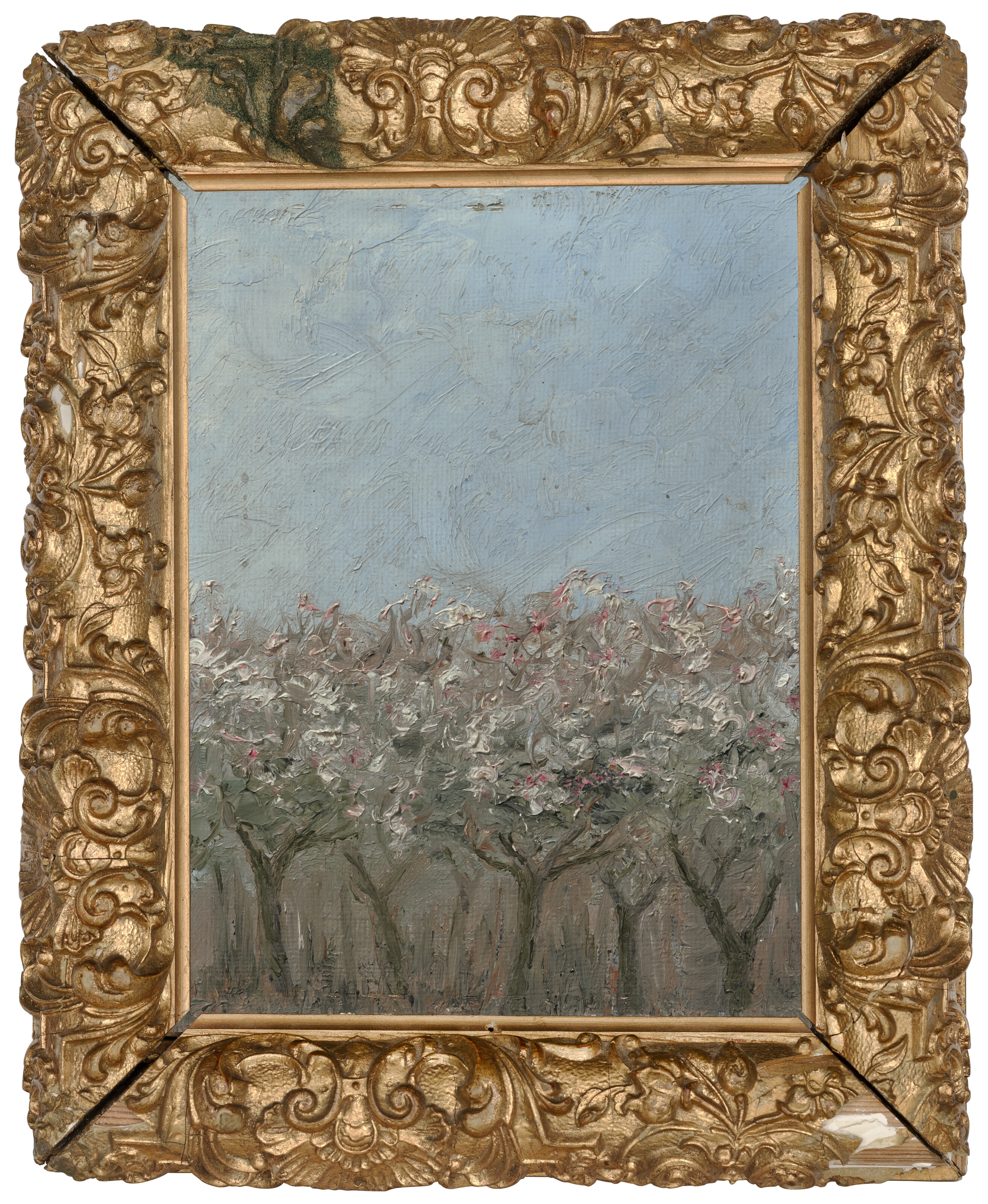 Artwork by August Strindberg, Apple trees in blossom (Blommande äppelträd, Made of oil on board