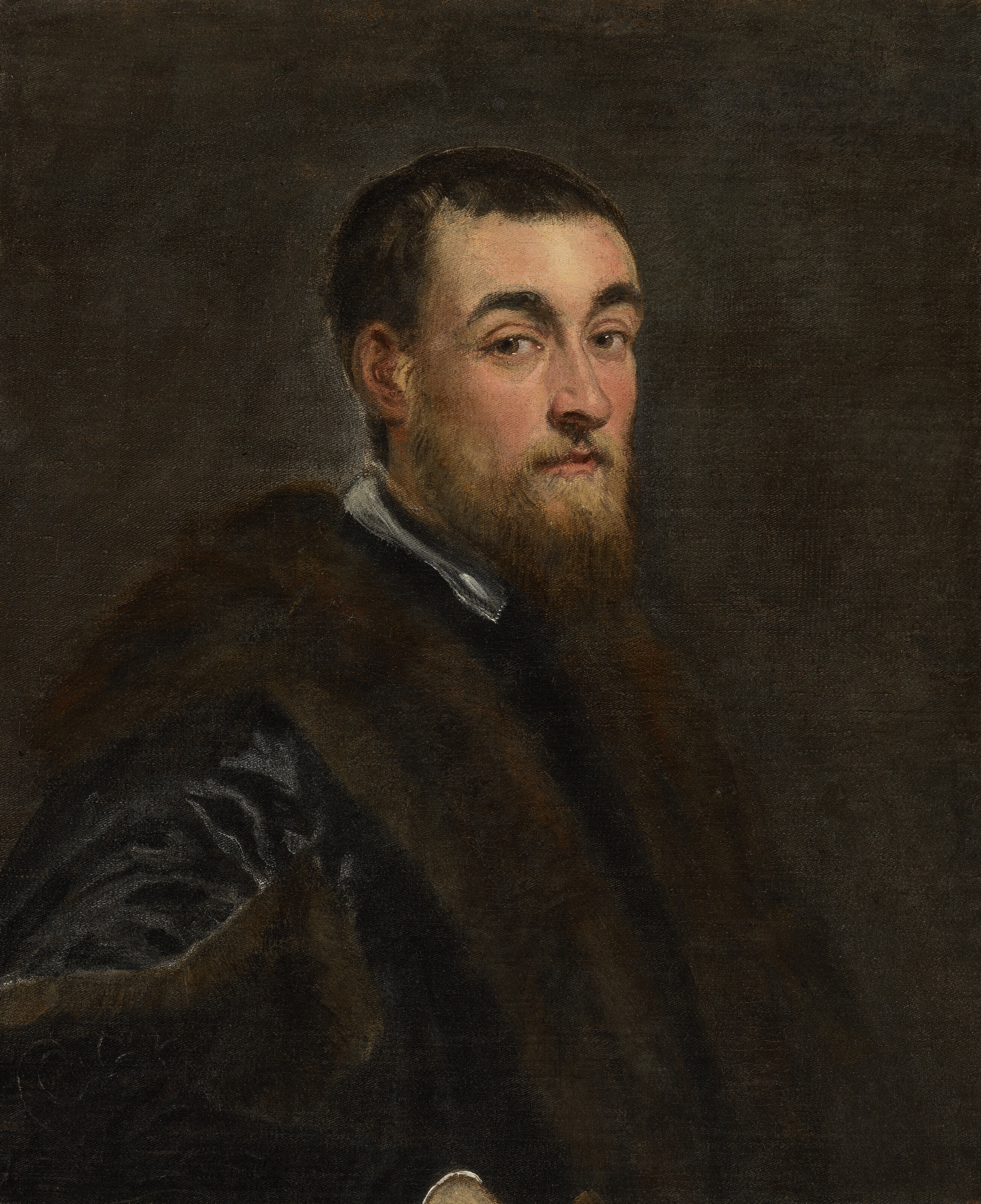 Artwork by Jacopo Tintoretto, Portrait of a bearded gentleman, bust-length, in a black fur-trimmed coat, Made of oil on canvas
