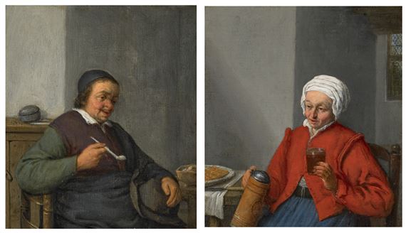 A man holding a pipe, in an interior; and A woman holding a jug and a glass of beer, in an interior by Adriaen van Ostade