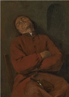 A seated man asleep, with a bottle in his lap - Jan Steen
