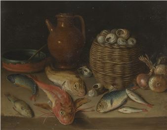Sea bream, a red gurnard, red mullet, a basket of sea snails, onions and two earthenware vessels with other fish on a tabletop - Italo-Flemish School, 17th Century