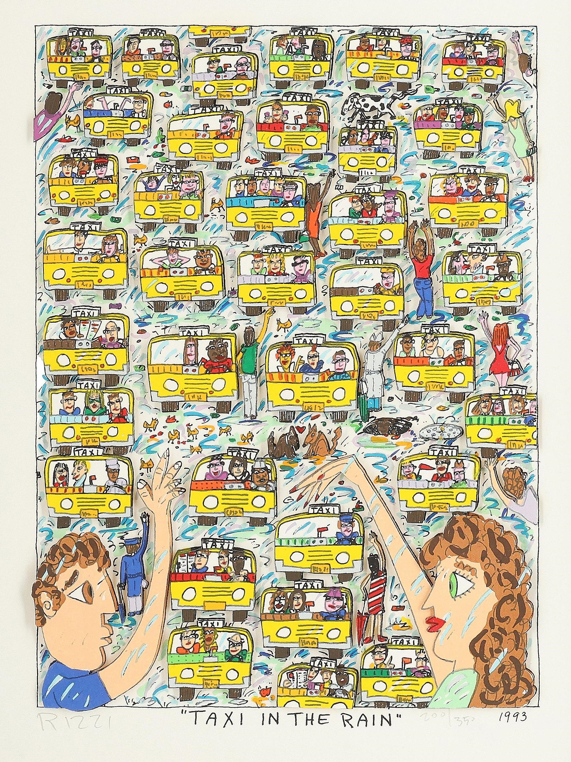 James Rizzi | Taxi in the Rain (1993) | MutualArt