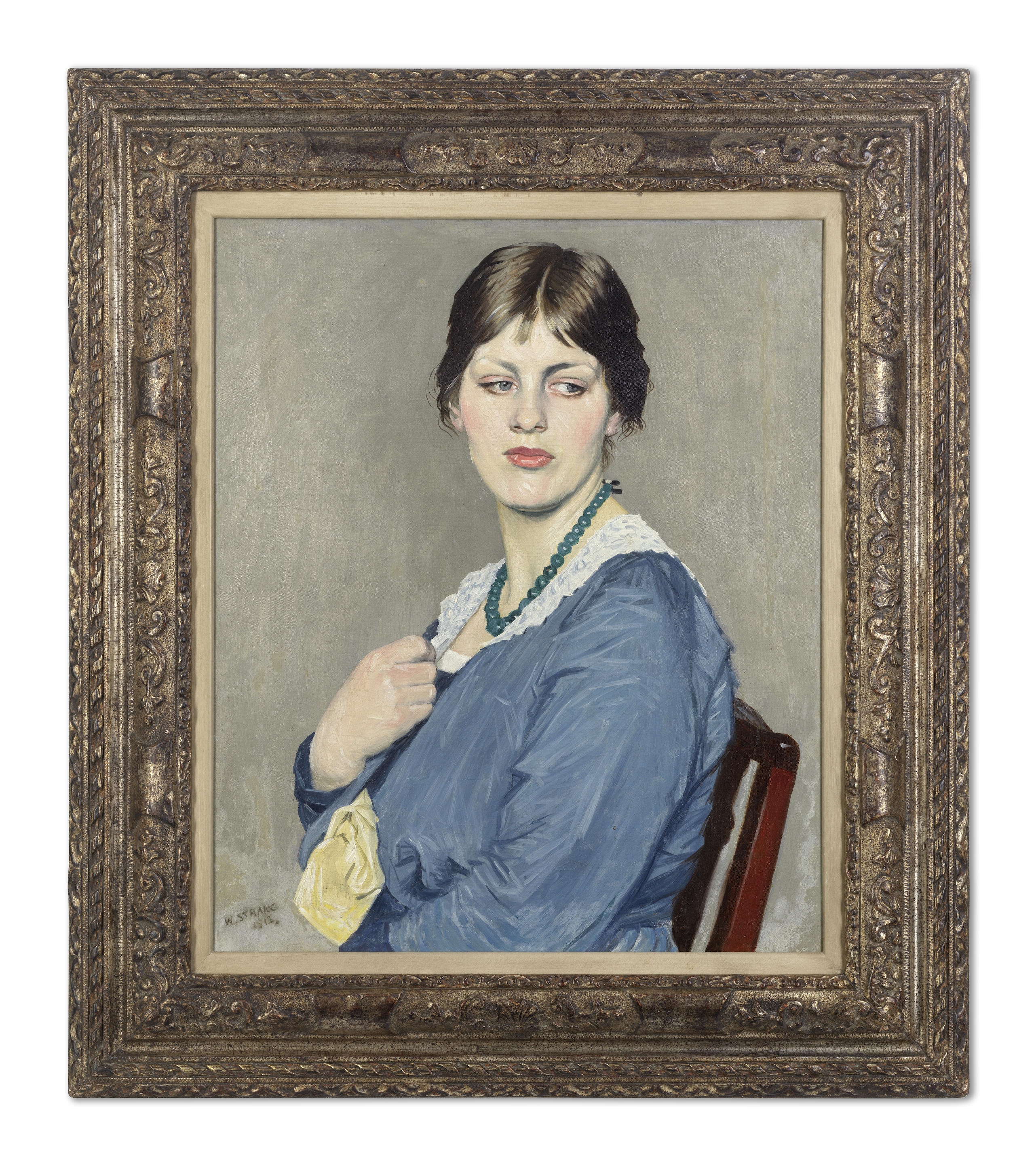 Artwork by William Strang, Portrait of a lady in blue, Made of oil on canvas