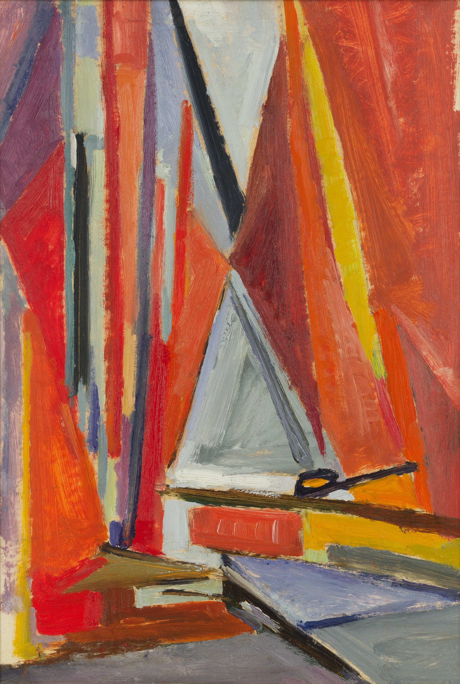 Artwork by Mildred Bendall, Red sails, Made of oil on board