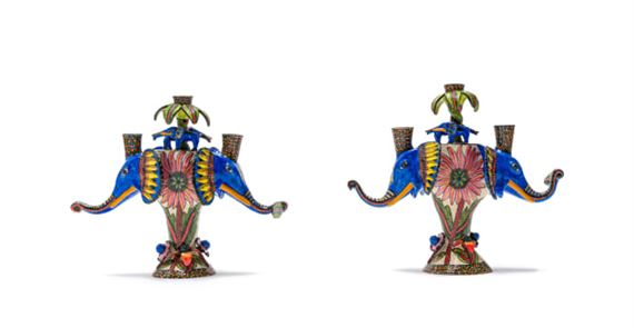 Pair of candlesticks with elephant motif, two - Punch Shabalala