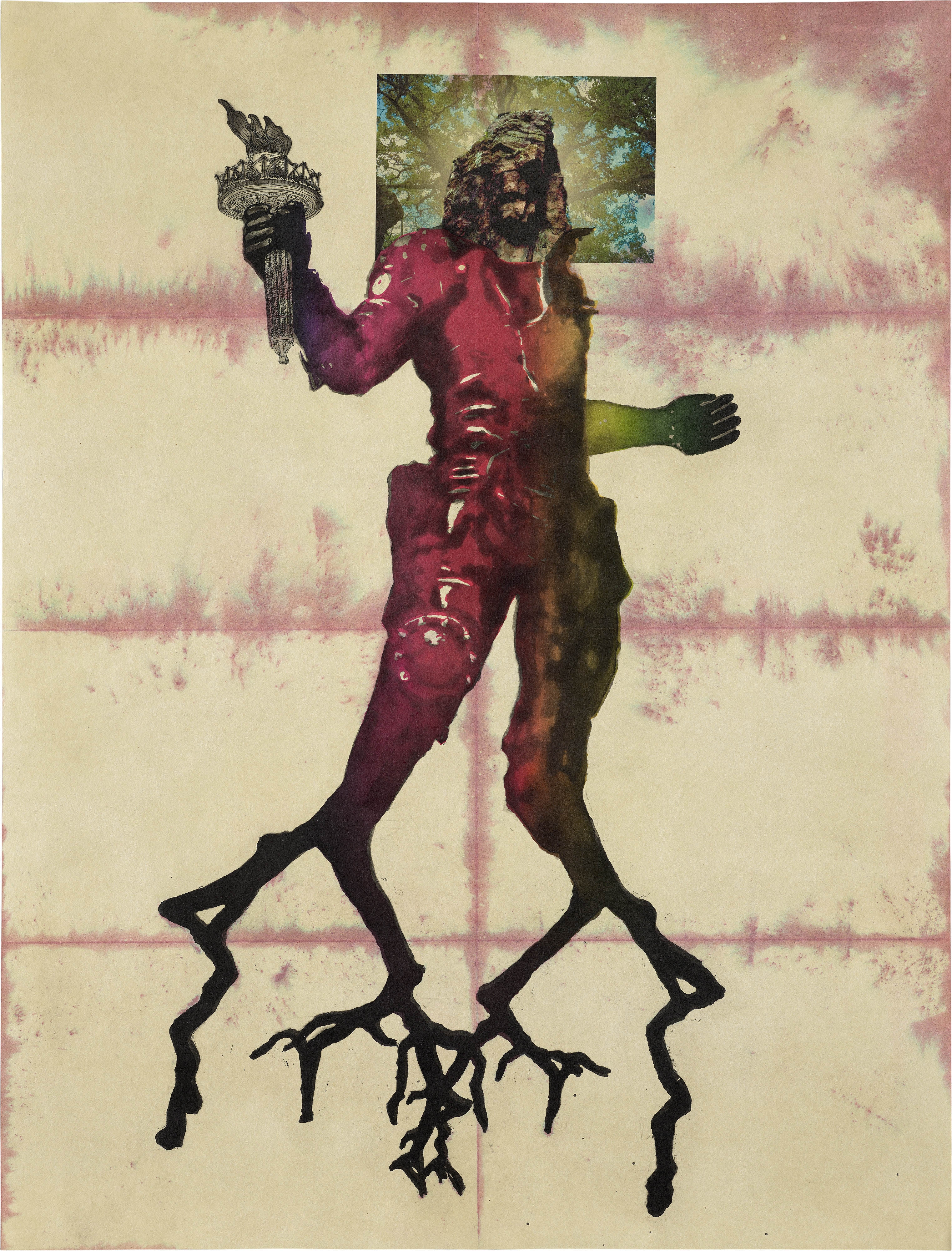 Artwork by Matthew Day Jackson, Metamorphosis, Made of screenprints and archival inkjets in colors with gold leaf