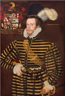 Portrait of Sir Edward Monins of Waldershare, three-quarter-length, in a black and gold striped doublet and plumed cap - George Gower