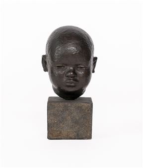 A bronze bust of a young child's head resting on a square pedestal.