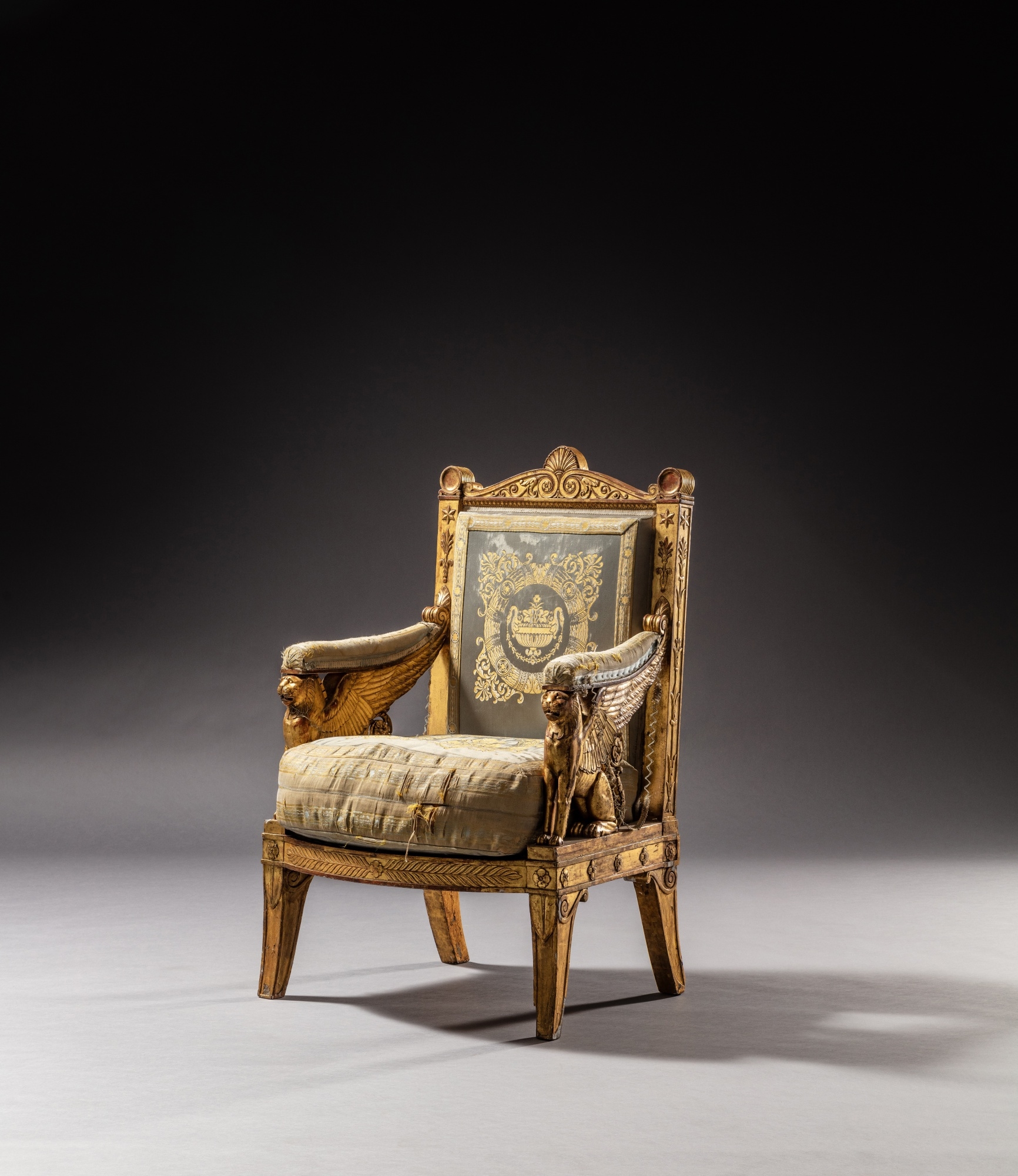 Artwork by Francois-Honore-Georges Jacob-Desmalter, Pierre-François-Léonard Fontaine, Charles Percier, An Empire giltwood ceremonial armchair, from Napoleon’s Throne Room at the Palais des Tuileries, by François-Honore-Georges Jacob-Desmalter, after a drawing by Percier et Fontaine, circa 1804, Made of Embroidered silk