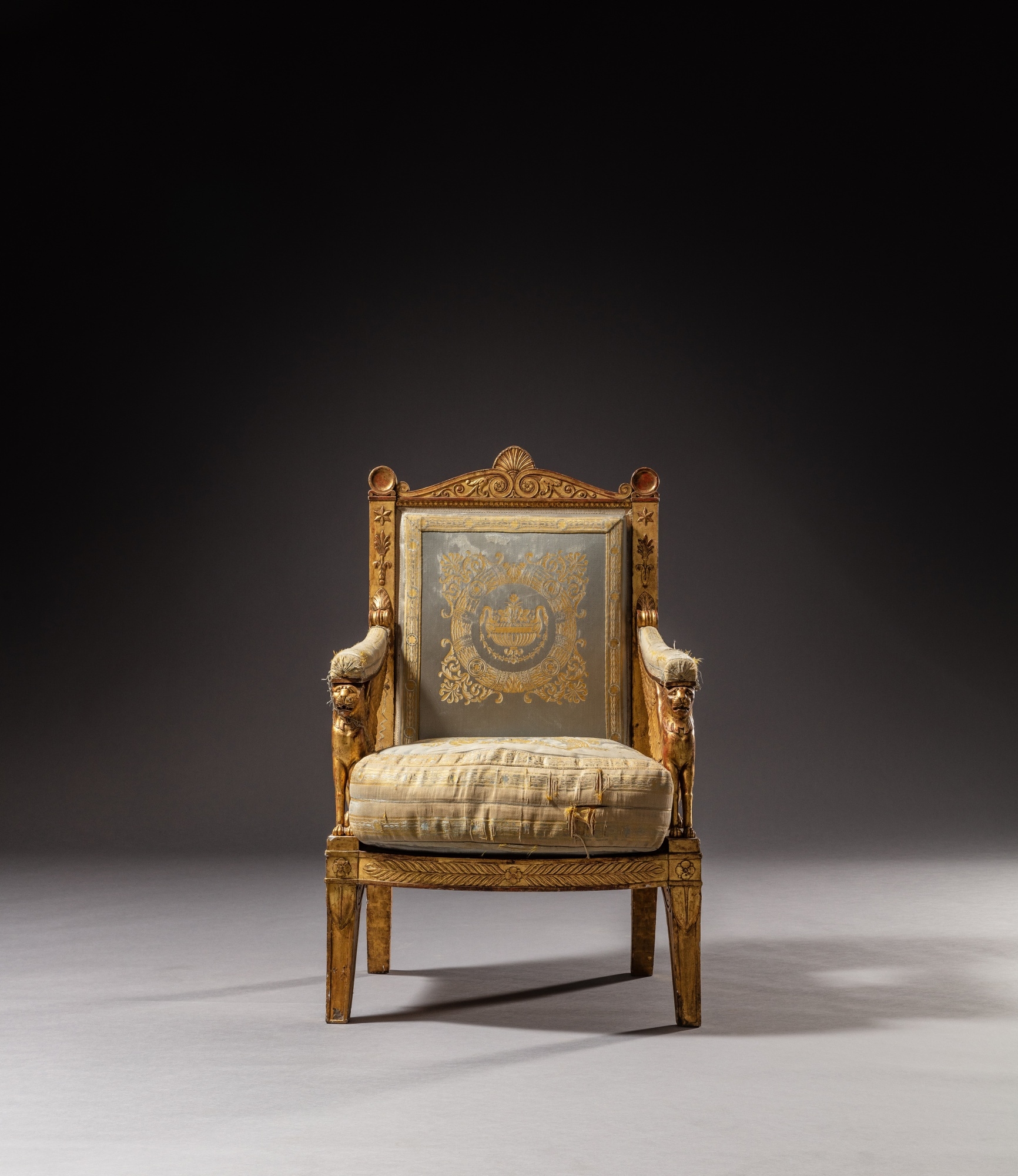 Artwork by Francois-Honore-Georges Jacob-Desmalter, Pierre-François-Léonard Fontaine, Charles Percier, An Empire giltwood ceremonial armchair, from Napoleon’s Throne Room at the Palais des Tuileries, by François-Honore-Georges Jacob-Desmalter, after a drawing by Percier et Fontaine, circa 1804, Made of Embroidered silk