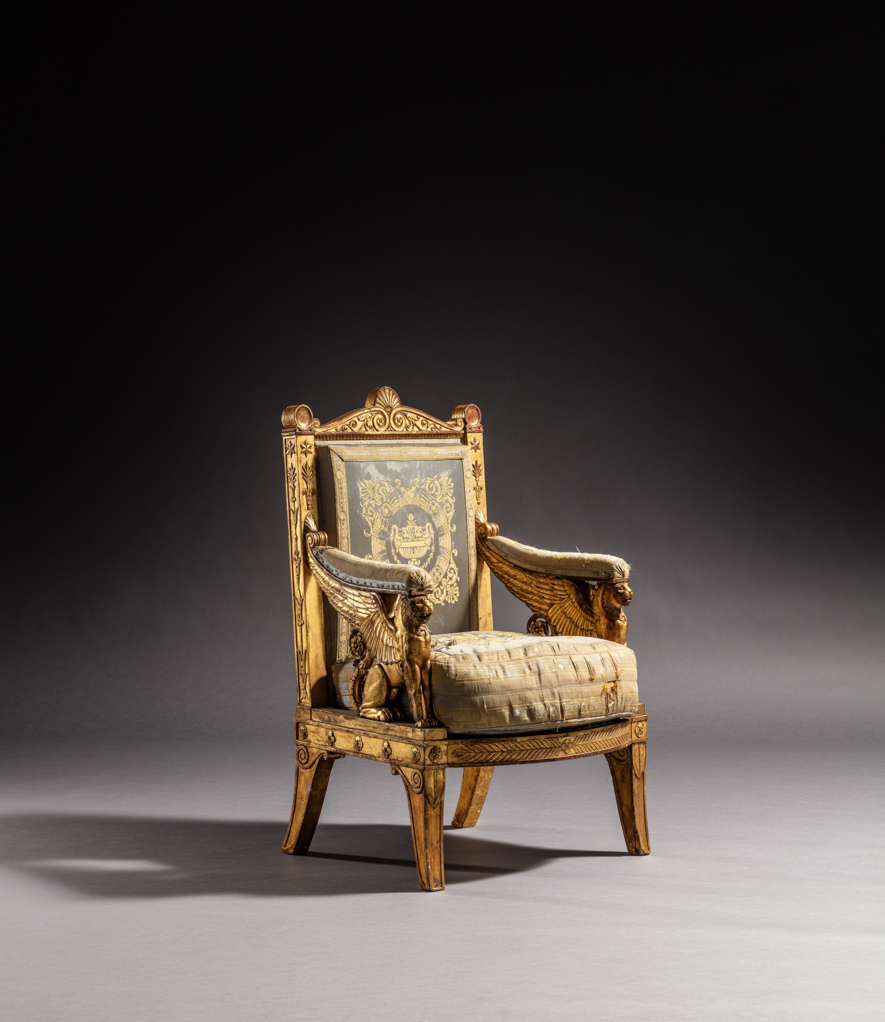 Artwork by Francois-Honore-Georges Jacob-Desmalter, Pierre-François-Léonard Fontaine, Charles Percier, An Empire giltwood ceremonial armchair, from Napoleon’s Throne Room at the Palais des Tuileries, by François-Honore-Georges Jacob-Desmalter, after a drawing by Percier et Fontaine, circa 1804, Made of Embroidered silk