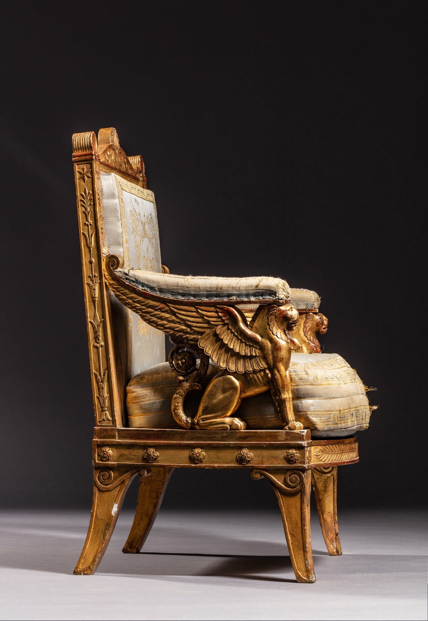 Artwork by Francois-Honore-Georges Jacob-Desmalter, Pierre-François-Léonard Fontaine, Charles Percier, An Empire giltwood ceremonial armchair, from Napoleon’s Throne Room at the Palais des Tuileries, by François-Honore-Georges Jacob-Desmalter, after a drawing by Percier et Fontaine, circa 1804, Made of Embroidered silk