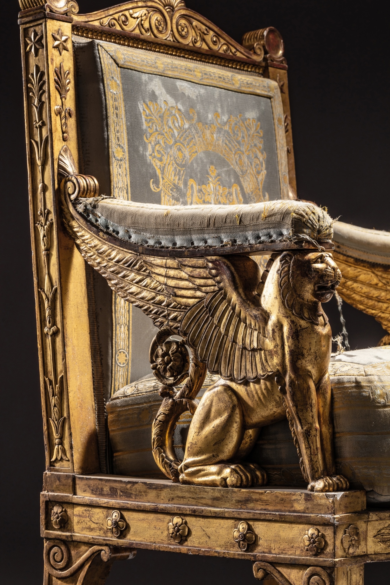 Artwork by Francois-Honore-Georges Jacob-Desmalter, Pierre-François-Léonard Fontaine, Charles Percier, An Empire giltwood ceremonial armchair, from Napoleon’s Throne Room at the Palais des Tuileries, by François-Honore-Georges Jacob-Desmalter, after a drawing by Percier et Fontaine, circa 1804, Made of Embroidered silk