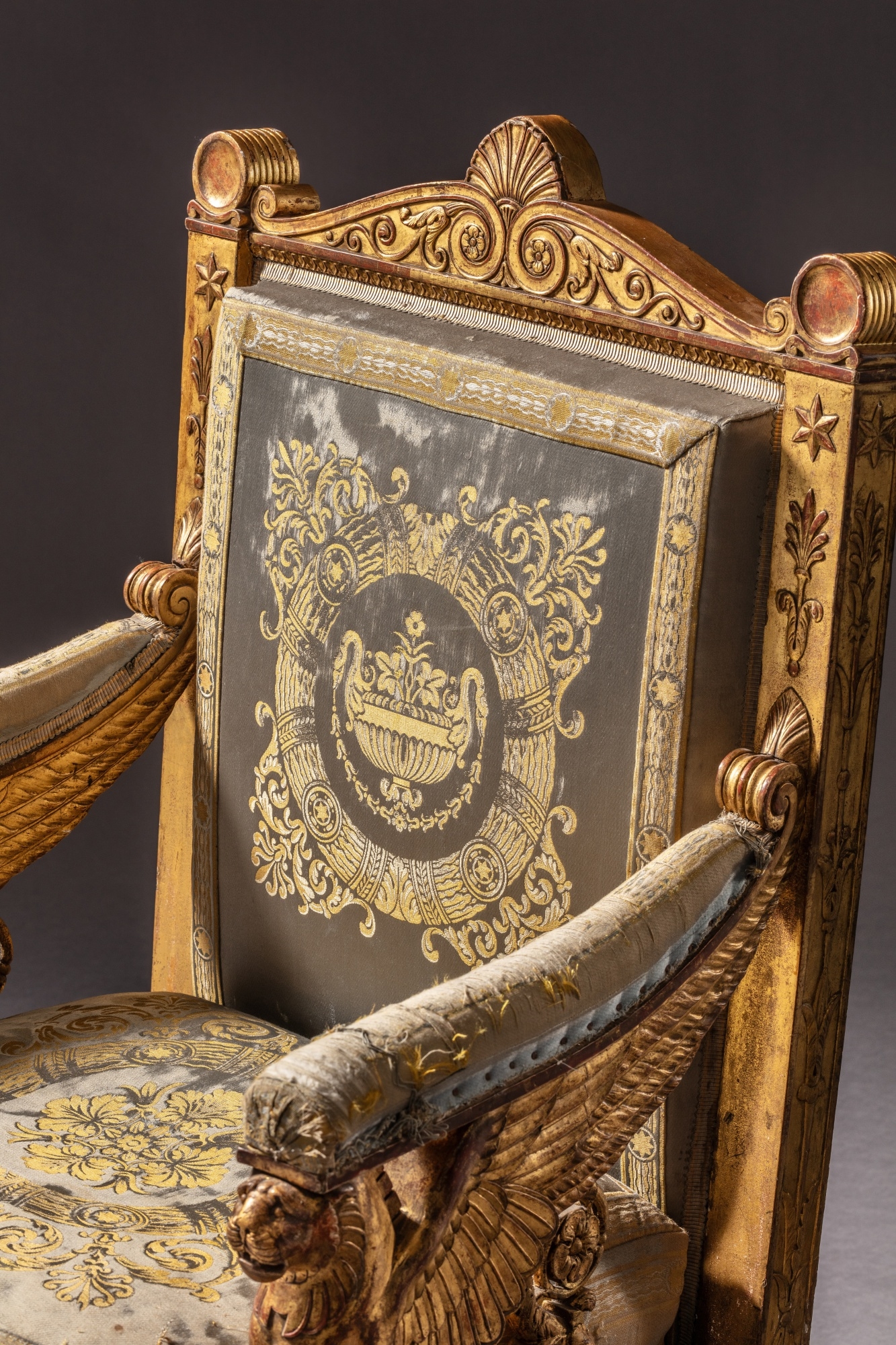 Artwork by Francois-Honore-Georges Jacob-Desmalter, Pierre-François-Léonard Fontaine, Charles Percier, An Empire giltwood ceremonial armchair, from Napoleon’s Throne Room at the Palais des Tuileries, by François-Honore-Georges Jacob-Desmalter, after a drawing by Percier et Fontaine, circa 1804, Made of Embroidered silk