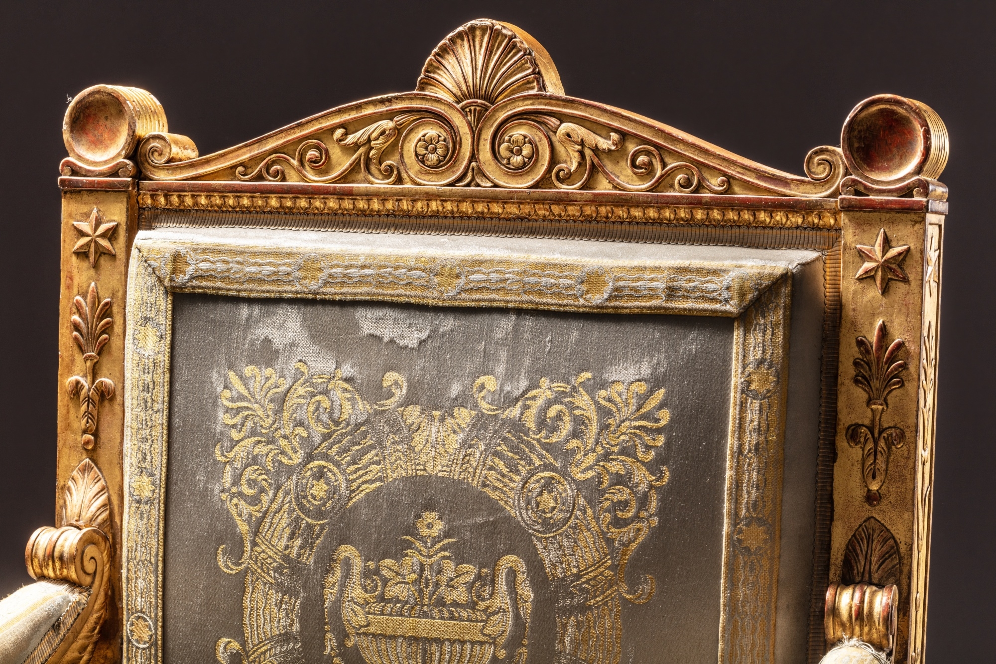 Artwork by Francois-Honore-Georges Jacob-Desmalter, Pierre-François-Léonard Fontaine, Charles Percier, An Empire giltwood ceremonial armchair, from Napoleon’s Throne Room at the Palais des Tuileries, by François-Honore-Georges Jacob-Desmalter, after a drawing by Percier et Fontaine, circa 1804, Made of Embroidered silk