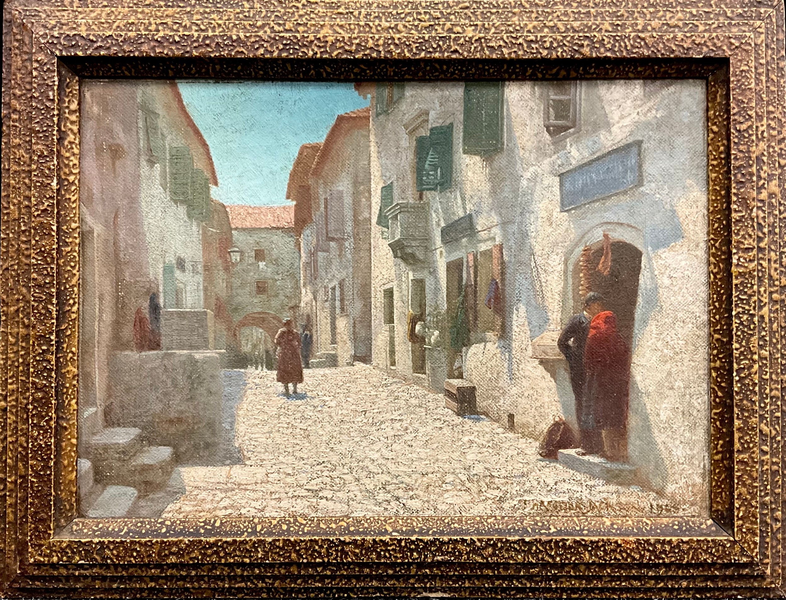 Frederick Hamilton Jackson | Sundrenched cobbled street, with figures ...