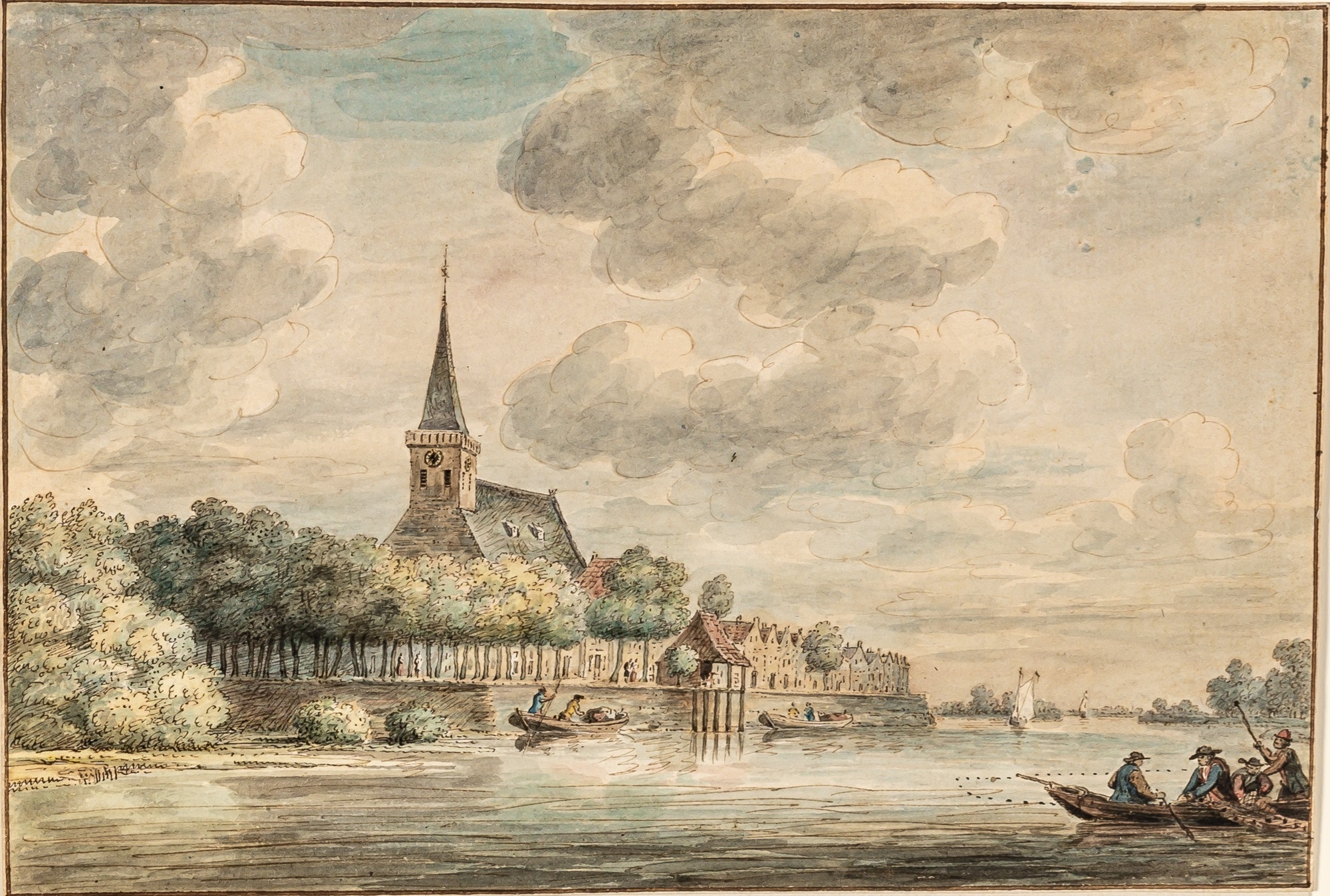 Artwork by Dirk Verrijk, River Scene with a View of Lekkerkerk, Made of Watercolor and ink on paper