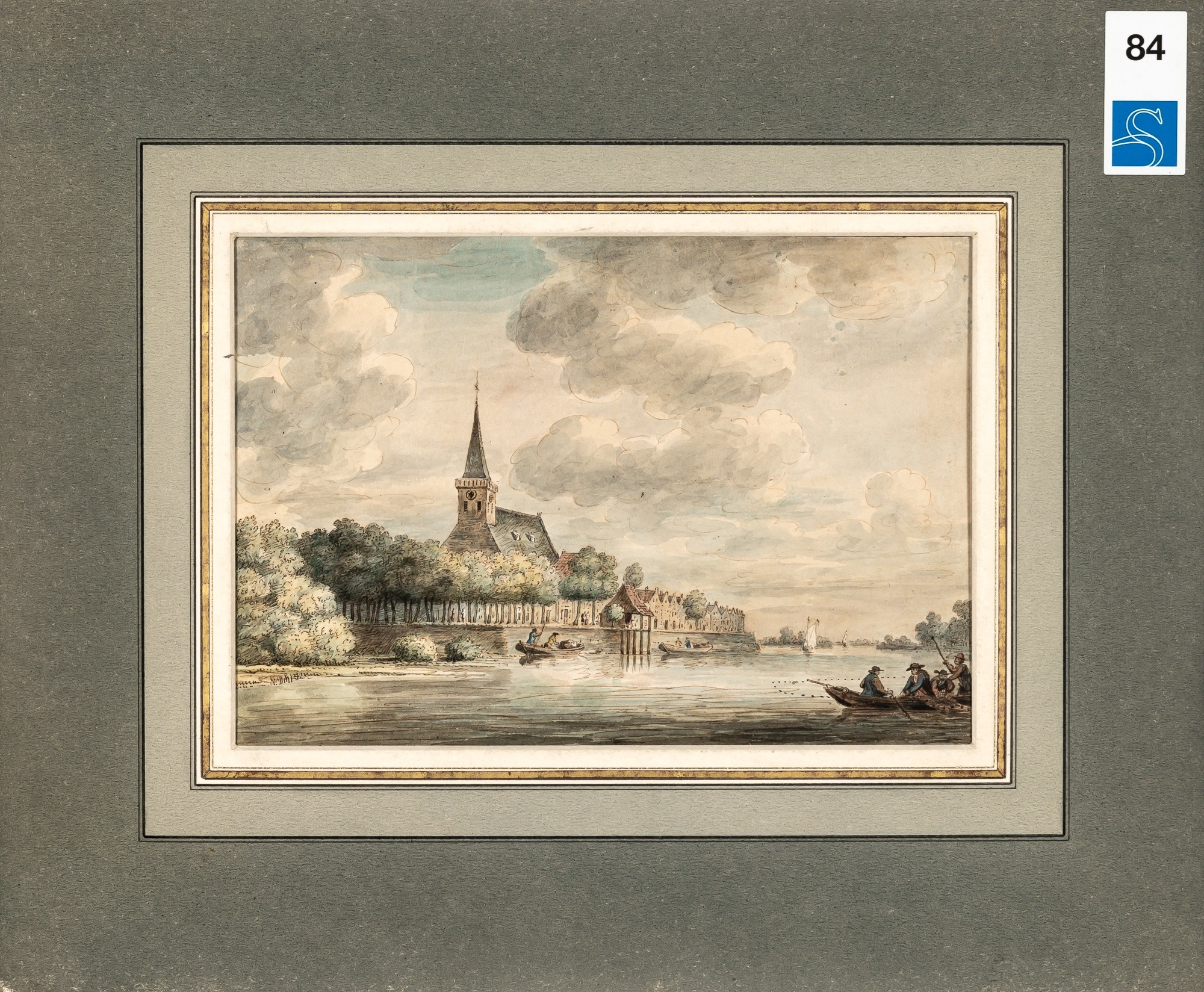 Artwork by Dirk Verrijk, River Scene with a View of Lekkerkerk, Made of Watercolor and ink on paper