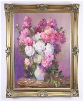 A classic floral still life featuring a vibrant bouquet of peonies in a white vase.