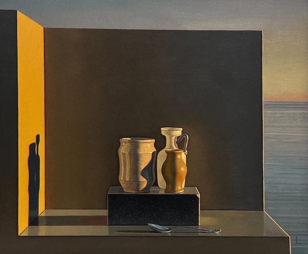 Artwork by David Ligare, Still Life with Bottles and Spoon, Made of oil on canvas