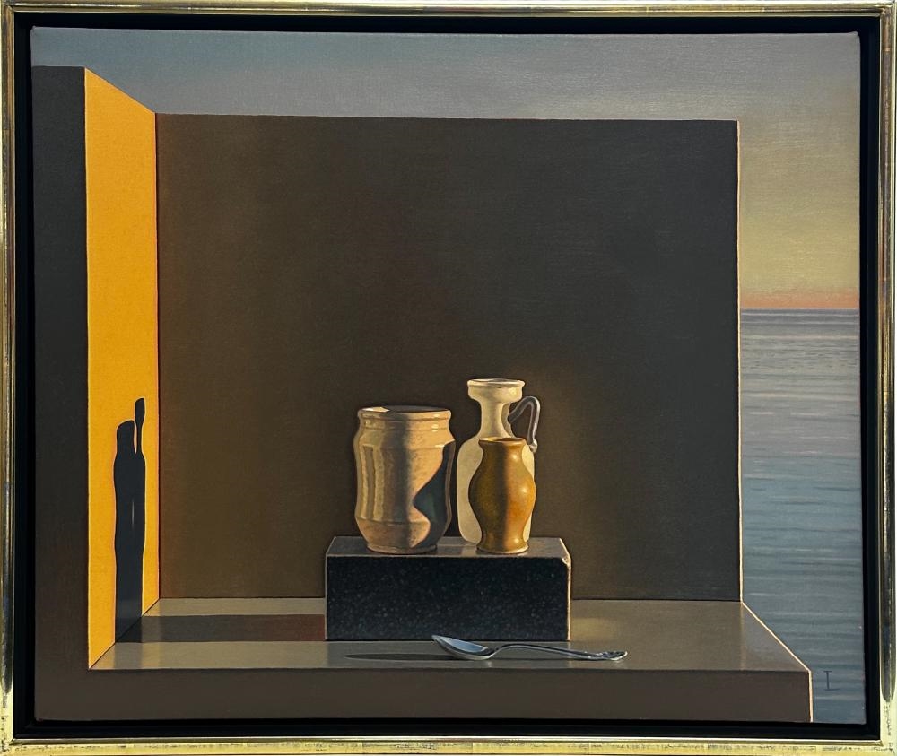 Artwork by David Ligare, Still Life with Bottles and Spoon, Made of oil on canvas