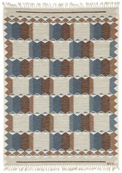 Handwoven wool carpet in “rölakan” flatweave technique. Geometric pattern in shades of blue - Anna Greta Sjöqvist