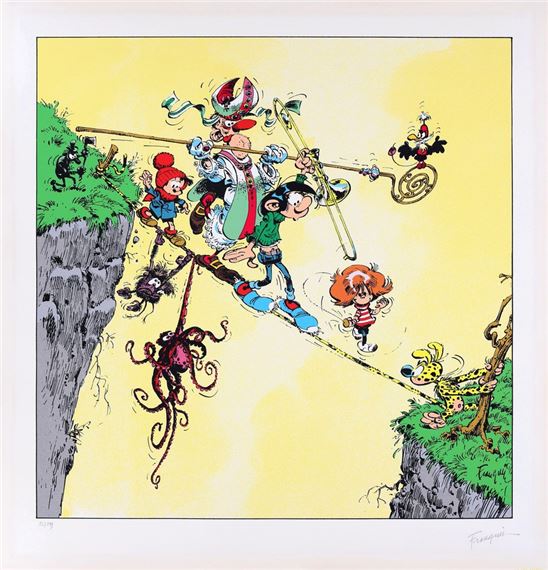 Gaston, sérigraphie "Le Trombone illustré" n°13/199, signée (Ed. Champaka, 1996). (Légère acidité sur le contour au recto et traces de papier collant sur le contour au verso)