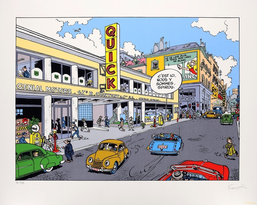 Artwork by André Franquin, Spirou, sérigraphie "Le Garage Quick Super" n°78/199, signée (Ed. Champaka, 1995). Dimensions : 75 x 60., Made of Sérigraphie