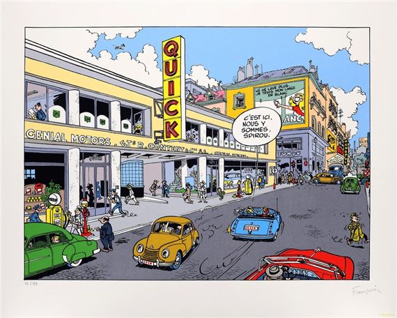 Spirou, sérigraphie "Le Garage Quick Super" n°78/199, signée (Ed. Champaka, 1995). Dimensions : 75 x 60. by André Franquin