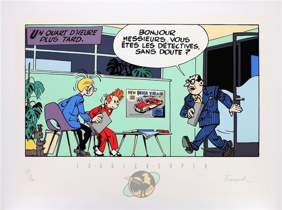 Spirou, sérigraphie "Le Bureau du garage Quick Super" n°HC 12/20, signée (Ed. Champaka, 1986). (Légers plis sur la tranche supérieure). Dimensions : 75 x 55. by André Franquin