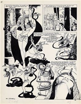 Papyrus, planche n°36 à l'encre de Chine de l'épisode "Les Quatre doigts du dieu lune" publiée dans le journal Spirou n°2311 du 29 juillet 1982. Composition mise en valeur par un superbe découpage et la présence de la princesse Théti-Chéri avec la somptueuse couronne d'or de la déesse vautour Nekhabit. L'auteur s'inspira d'une des poses de la princesse pour une partie de la couverture. Signée et datée 82. Dimensions : 32,5 x 41,7. - Lucien De Gieter