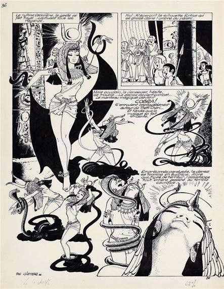 Papyrus, planche n°36 à l'encre de Chine de l'épisode "Les Quatre doigts du dieu lune" publiée dans le journal Spirou n°2311 du 29 juillet 1982. Composition mise en valeur par un superbe découpage et la présence de la princesse Théti-Chéri avec la somptueuse couronne d'or de la déesse vautour Nekhabit. L'auteur s'inspira d'une des poses de la princesse pour une partie de la couverture. Signée et datée 82. Dimensions : 32,5 x 41,7. - Lucien De Gieter