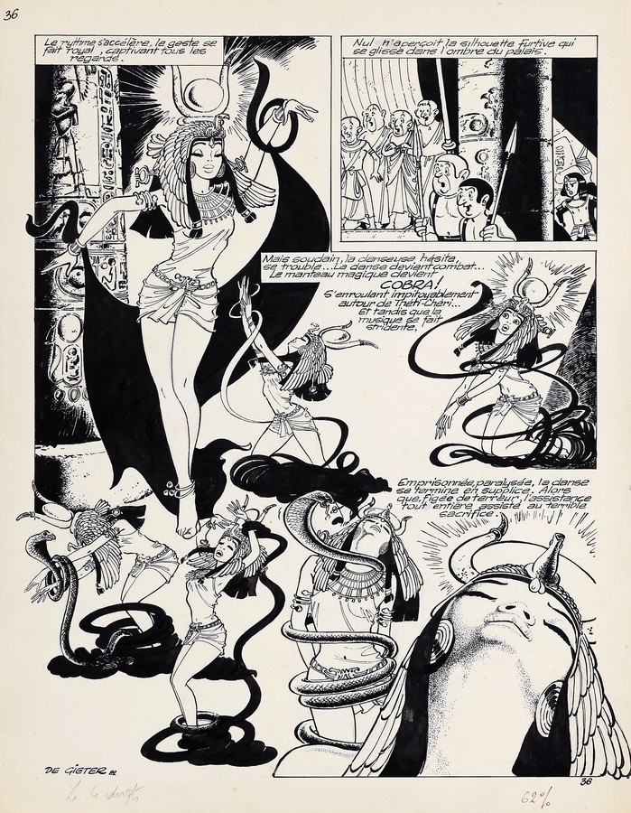 Artwork by Lucien De Gieter, Papyrus, planche n°36 à l'encre de Chine de l'épisode "Les Quatre doigts du dieu lune" publiée dans le journal Spirou n°2311 du 29 juillet 1982. Composition mise en valeur par un superbe découpage et la présence de la princesse Théti-Chéri avec la somptueuse couronne d'or de la déesse vautour Nekhabit. L'auteur s'inspira d'une des poses de la princesse pour une partie de la couverture. Signée et datée 82. Dimensions : 32,5 x 41,7., Made of l'encre de Chine