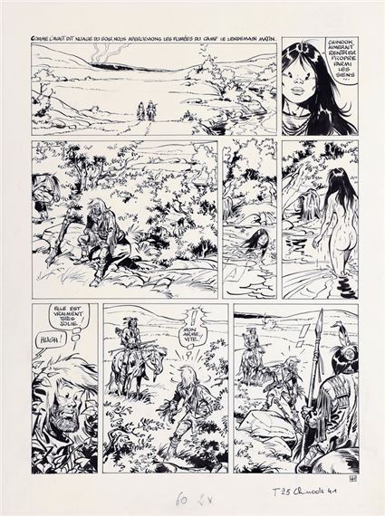 Buddy Longway, planche n°41 à l'encre de Chine et rehauts à la gouache blanche de l'épisode "Chinook" publiée dans le journal Tintin n°25 du 19 juin 1973. Buddy et Chinook sont en route vers le camp, mais avant de rentrer Chinook fait un brin de toilette dans la rivière sous le regard curieux du héros qui est surpris par les chasseurs du camp. (Légers plis et petite déchirure dans le coin inférieur). Dimensions : 36 x 46,1. - Derib