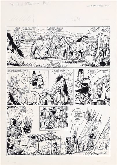 Yakari, planche n°6 à l'encre de Chine de l'épisode "Le Secret de Petit Tonnerre" publié aux Editions Casterman en 1981. Après une balade sportive à travers plaines et rivières avec Petit Tonnerre, Yakari se réveille le lendemain et découvre que son cheval a disparu. Composition graphique agrémentée d'un découpage où Derib démontre toute l'amplitude de son talent. Dimensions : 36,5 x 51. - Derib