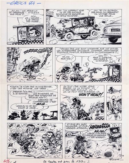 Gaston, planche-gag n°654 à l'encre de Chine et rehauts à la gouache blanche prépubliée dans le journal Spirou n°1713 du 11 février 1971. Cette planche est publiée dans l'album "Le Cas Lagaffe" aux Editions Dupuis en 1971. En balade dans la voiture avec son comparse, "Jules-de-chez-Smith-en-face", Gaston est très fier de voir sa mouette prendre la pose sur le bouchon de radiateur de sa Fiat 509, telle le Spirit of Ecstasy de la célèbre Rolls Royce. Mais cette joie est de courte durée, le brigadi