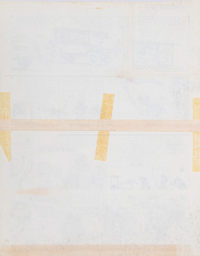 Artwork by André Franquin, Gaston, planche-gag n°654 à l'encre de Chine et rehauts à la gouache blanche prépubliée dans le journal Spirou n°1713 du 11 février 1971. Cette planche est publiée dans l'album "Le Cas Lagaffe" aux Editions Dupuis en 1971. En balade dans la voiture avec son comparse, "Jules-de-chez-Smith-en-face", Gaston est très fier de voir sa mouette prendre la pose sur le bouchon de radiateur de sa Fiat 509, telle le Spirit of Ecstasy de la célèbre Rolls Royce. Mais cette joie est de courte durée, le brigadi, Made of l'encre de Chine