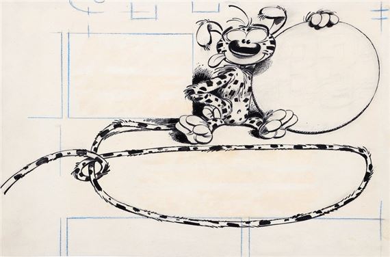 Le Marsupilami, illustration au pinceau à l'encre de Chine, au vaccinostyle et au crayon bleu pour la