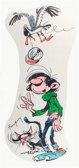 Gaston, très grande illustration au feutre et aux pastels pour la fresque du 33e anniversaire du journal Spirou publiée dans le journal Spirou "spécial Roba" n°1691 du 10 septembre 1970. Lors du cocktail pour les 33 ans du journal, une fresque de 5 mètres de long fut dévoilée, ce ne sont pas moins de 23 dessinateurs qui ont dessiné leurs héros : Franquin, Morris, Peyo, Roba, Tillieux... Composition dynamique où l'on retrouve le célèbre gaffeur du 9e art avec son chat et la mouette. En 1970, anné