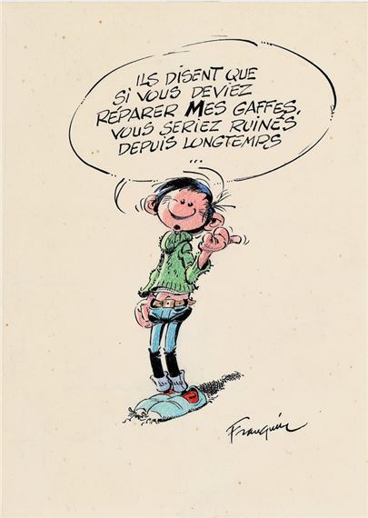 Gaston, illustration à l'encre de Chine et aux crayons de couleur représentant le héros. Composition réalisée au milieu des années 80, en remerciement à une société d'assurances qui a dépanné Franquin en urgence parce que le télécopieur qu'il utilisait dans sa maison en Provence était tombé en panne. A travers ce dessin d'une finesse exceptionnelle, Franquin démontre tout son talent créatif rehaussé par une mise en couleurs méticuleuse. Signée. Signée au verso par Liliane Franquin. (Rousseurs). 