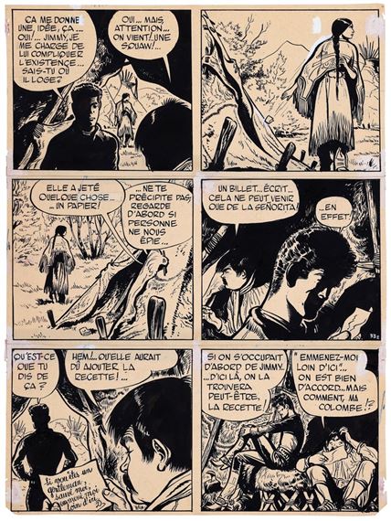 Jerry Spring, planche n°33 à l'encre de Chine et rehauts à la gouache blanche de l'épisode "Lune d'Argent" publiée dans le Journal Spirou n°892 du 19 mai 1955. Une des meilleures histoires de la série Jerry Spring, en trois bandes. Belle composition aux aplats noirs dans laquelle Jerry et Pancho vont tenter de sauver Daphné, prisonnière des Indiens. (Petite déchirure dans la case n°3 et légères rousseurs). Dimensions : 31 x 41,5. - Jijé