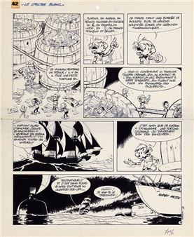 Les Petits hommes, planche n°42 à l'encre de Chine de l'épisode "Le Vaisseau fantôme" initialement appelé "Le Spectre Blanc" publiée dans le journal Spirou n°1963 du 27 novembre 1975. Composition où l'on retrouve Renaud à bord du Spectre Blanc qui a été inventé par le Cyclope pour pouvoir voler de l'argent grâce à un système ingénieux. Signée et datée 75. (Trou de perforatrice dans le haut et traces de papier collant). Dimensions : 29,2 x 35,7. - Pierre Seron