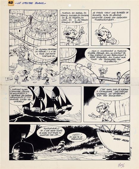 Les Petits hommes, planche n°42 à l'encre de Chine de l'épisode "Le Vaisseau fantôme" initialement appelé "Le Spectre Blanc" publiée dans le journal Spirou n°1963 du 27 novembre 1975. Composition où l'on retrouve Renaud à bord du Spectre Blanc qui a été inventé par le Cyclope pour pouvoir voler de l'argent grâce à un système ingénieux. Signée et datée 75. (Trou de perforatrice dans le haut et traces de papier collant). Dimensions : 29,2 x 35,7. - Pierre Seron