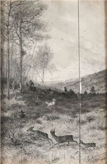 Ernest BELLECROIX (1836-1901) Chevreuils fuyant devant des chasseurs et leur chien Illustration pour un article du Chasseur illustré. Dessin à la mine de plomb sur des lamelles de bois peintes, signé en bas à droite et encadré. 31 x 20,5 cm - Ernest Bellecroix