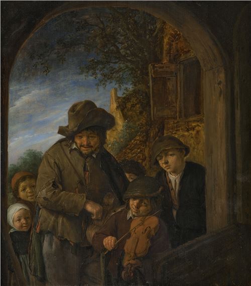 A hurdy-gurdy player with a young violinist and four other children in a doorway by Adriaen van Ostade